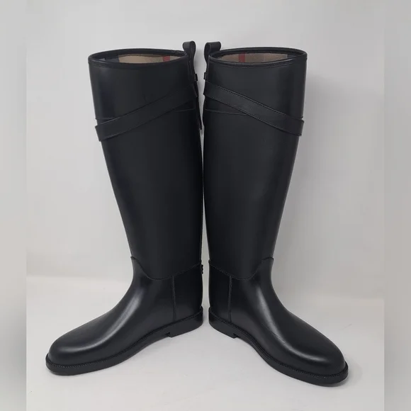 Burberry Women's Rain Boots Knee High Equestrian Black Belt Italy 36 EU 6 US - Picture 11 of 13